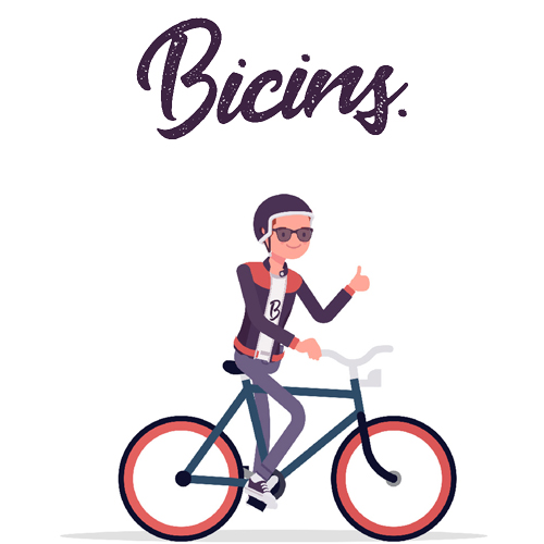 Beni subido a una bicicleta y el logo de Bicins